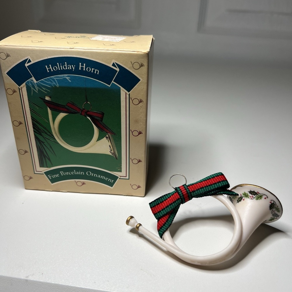 1986 Hallmark Holiday Horn Porcelain Ornament